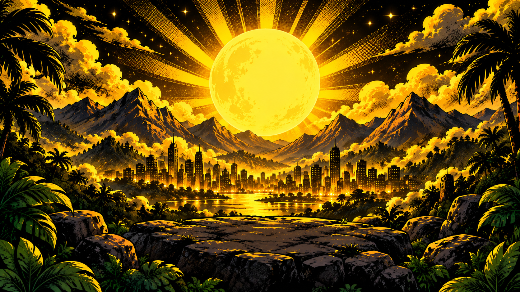A luminous city beneath mountains and a golden moon
